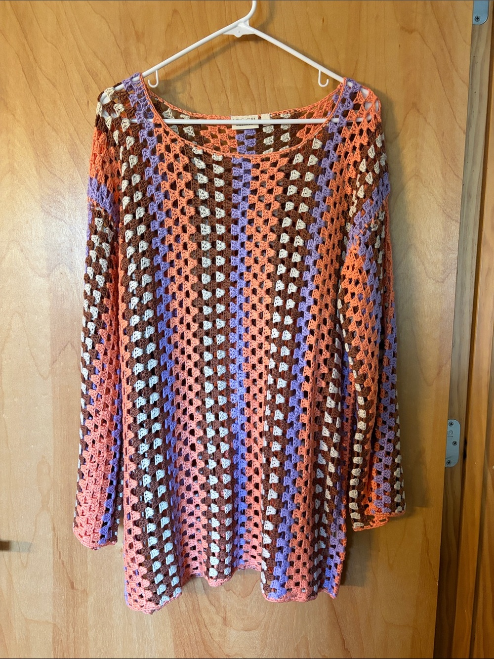 Crochet Knit Mini Dress in Coral, Lavender & Brown